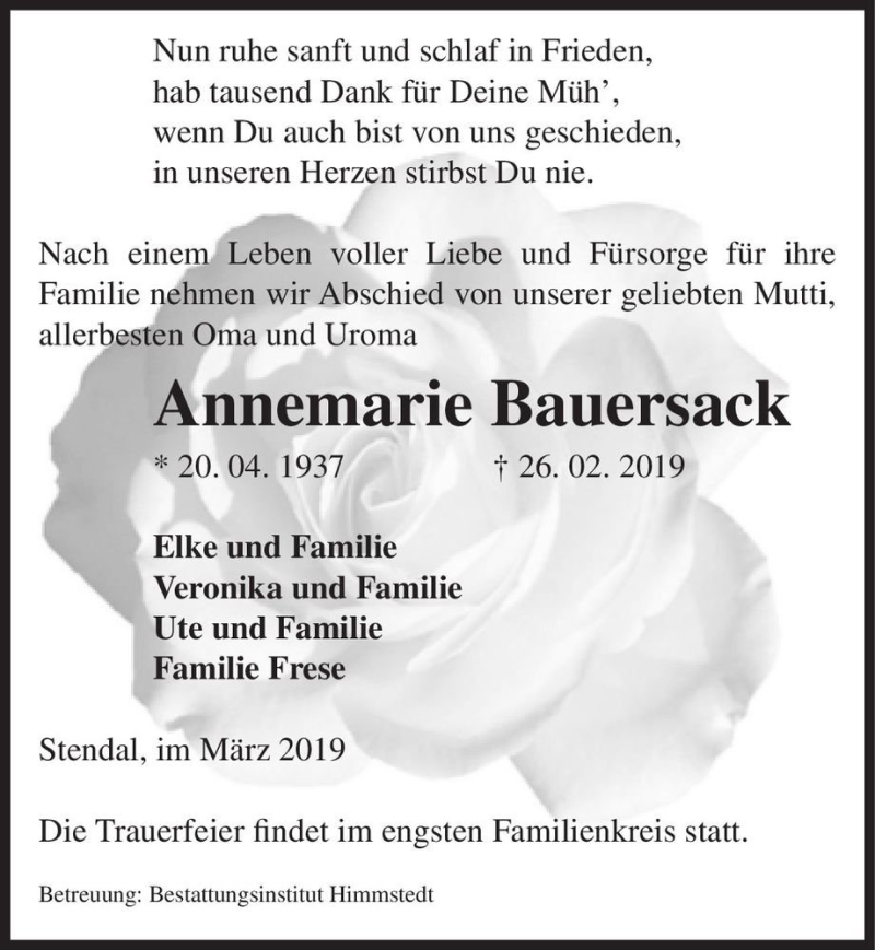  Traueranzeige für Annemarie Bauersack  vom 06.03.2019 aus Magdeburger Volksstimme