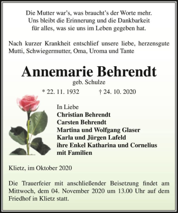 Traueranzeige von Annemarie Behrendt (geb. Schulze)  von Magdeburger Volksstimme