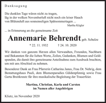 Traueranzeige von Annemarie Behrendt (geb. Schulze)  von Magdeburger Volksstimme