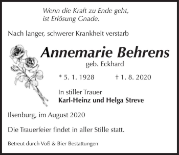 Traueranzeige von Annemarie Behrens (geb. Eckhard)  von Magdeburger Volksstimme