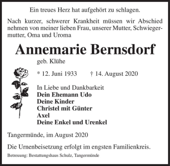Traueranzeige von Annemarie Bernsdorf (geb. Klühe)  von Magdeburger Volksstimme