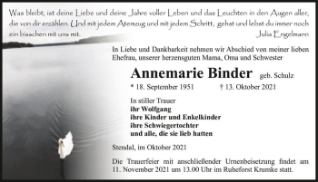 Traueranzeige von Annemarie Binder (geb. Schulz)  von Magdeburger Volksstimme