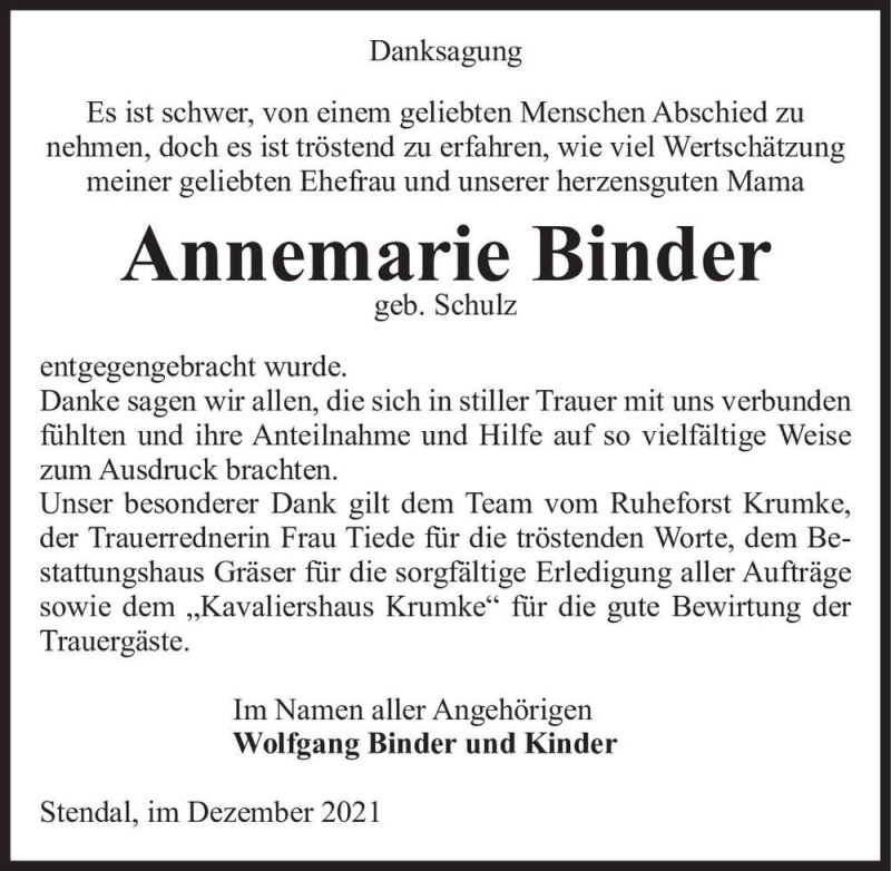  Traueranzeige für Annemarie Binder (geb. Schulz)  vom 04.12.2021 aus Magdeburger Volksstimme