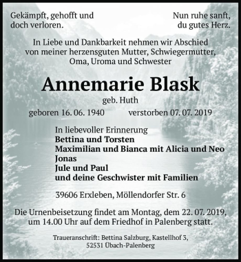 Traueranzeige von Annemarie Blask (geb. Huth)  von Magdeburger Volksstimme