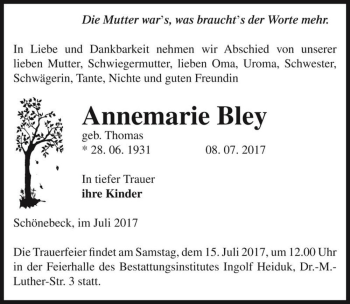 Traueranzeige von Annemarie Bley (geb. Thomas)  von Magdeburger Volksstimme