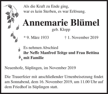 Traueranzeige von Annemarie Blümel (geb. Klopp)  von Magdeburger Volksstimme