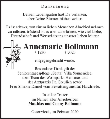 Traueranzeige von Annemarie Bollmann  von Magdeburger Volksstimme