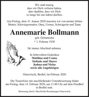 Traueranzeige von Annemarie Bollmann (geb. Grimmecke)  von Magdeburger Volksstimme