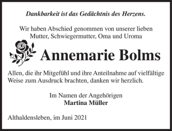 Traueranzeige von Annemarie Bolms  von Magdeburger Volksstimme