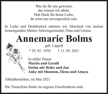 Traueranzeige von Annemarie Bolms (geb. Lippelt)  von Magdeburger Volksstimme
