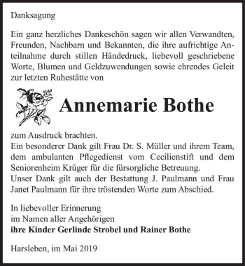 Traueranzeige von Annemarie Bothe  von Magdeburger Volksstimme
