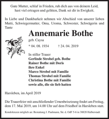 Traueranzeige von Annemarie Bothe (geb. Caysa)  von Magdeburger Volksstimme