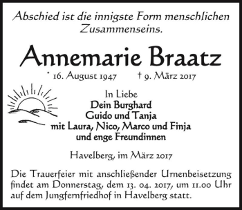 Traueranzeige von Annemarie Braatz  von Magdeburger Volksstimme