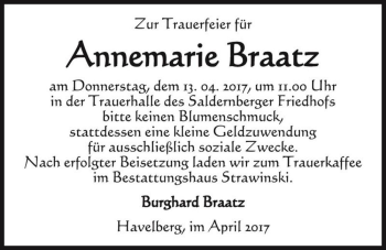 Traueranzeige von Annemarie Braatz  von Magdeburger Volksstimme
