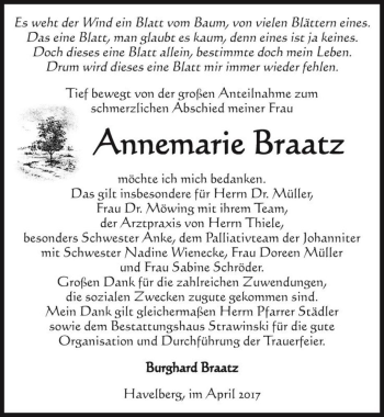Traueranzeige von Annemarie Braatz  von Magdeburger Volksstimme