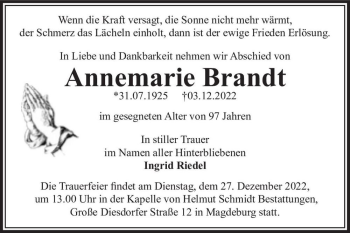 Traueranzeige von Annemarie Brandt  von Magdeburger Volksstimme