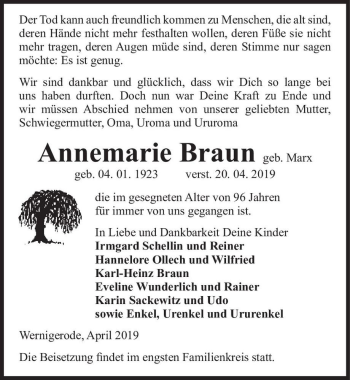 Traueranzeige von Annemarie Braun (geb. Marx)  von Magdeburger Volksstimme