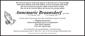 Traueranzeige von Annemarie Braunsdorf (geb. Kube)  von Magdeburger Volksstimme