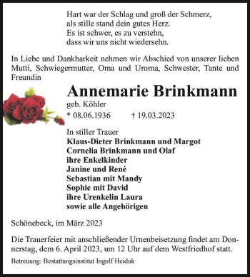 Traueranzeige von Annemarie Brinkmann (geb. Köhler)  von Magdeburger Volksstimme