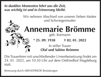 Traueranzeige von Annemarie Brömme (geb. Kormann)  von Magdeburger Volksstimme