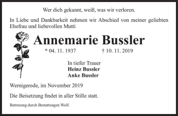 Traueranzeige von Annemarie Bussler  von Magdeburger Volksstimme