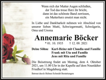 Traueranzeige von Annemarie Böcker  von Magdeburger Volksstimme