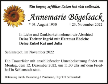 Traueranzeige von Annemarie Bögelsack  von Magdeburger Volksstimme