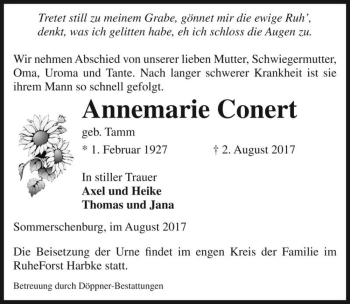 Traueranzeige von Annemarie Conert (geb. Tamm)  von Magdeburger Volksstimme
