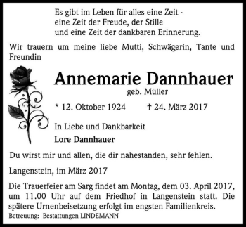 Traueranzeige von Annemarie Dannhauer (geb. Müller)  von Magdeburger Volksstimme