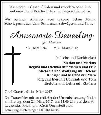 Traueranzeige von Annemarie Deuerling (geb. Mertens)  von Magdeburger Volksstimme