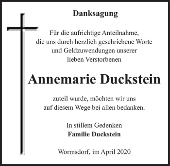 Traueranzeige von Annemarie Duckstein  von Magdeburger Volksstimme