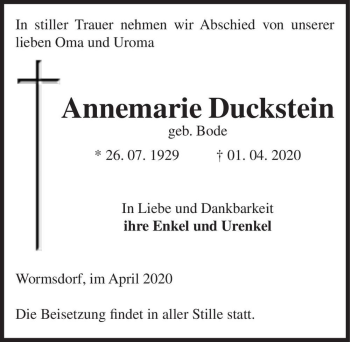 Traueranzeige von Annemarie Duckstein (geb. Bode)  von Magdeburger Volksstimme