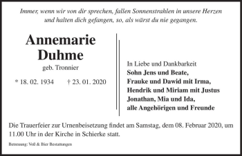 Traueranzeige von Annemarie Duhme (geb. Tronnier)  von Magdeburger Volksstimme