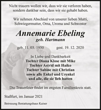 Traueranzeige von Annemarie Ebeling (geb. Hartmann)  von Magdeburger Volksstimme