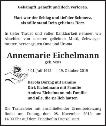 Traueranzeige von Annemarie Eichelmann (geb. Sens)  von Magdeburger Volksstimme
