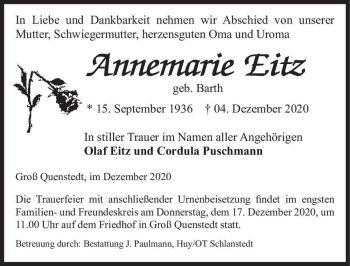 Traueranzeige von Annemarie Eitz (geb. Barth)  von Magdeburger Volksstimme