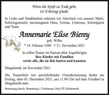 Traueranzeige von Annemarie Elise Bierey (geb. Wilke)  von Magdeburger Volksstimme