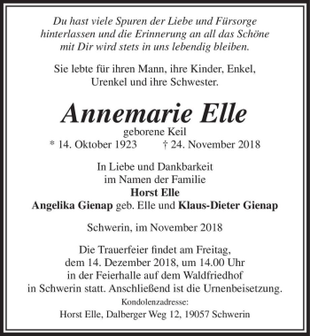 Traueranzeige von Annemarie Elle (geb. Keil)  von Magdeburger Volksstimme