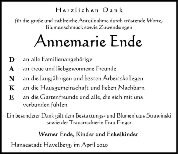 Traueranzeige von Annemarie Ende  von Magdeburger Volksstimme