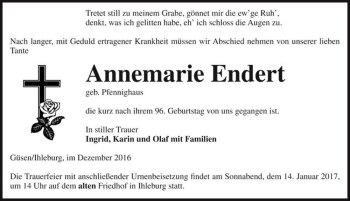 Traueranzeige von Annemarie Endert (geb. Pfennighaus)  von Magdeburger Volksstimme