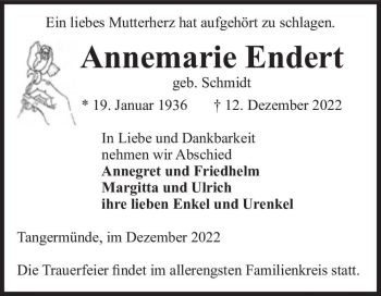 Traueranzeige von Annemarie Endert (geb. Schmidt)  von Magdeburger Volksstimme