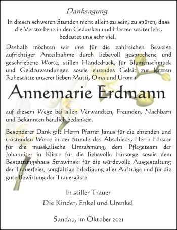 Traueranzeige von Annemarie Erdmann  von Magdeburger Volksstimme