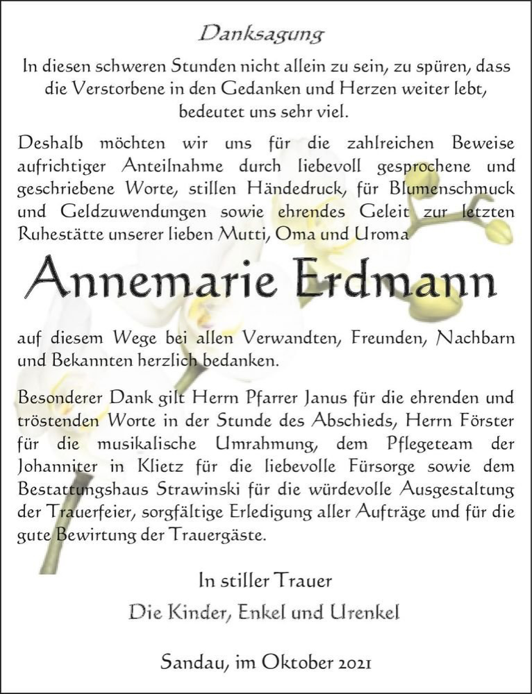  Traueranzeige für Annemarie Erdmann  vom 06.11.2021 aus Magdeburger Volksstimme