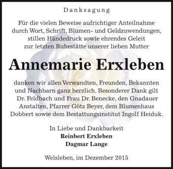 Traueranzeige von Annemarie Erxleben  von Magdeburger Volksstimme
