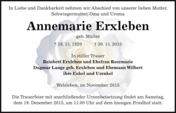 Traueranzeige von Annemarie Erxleben (geb. Müller)  von Magdeburger Volksstimme