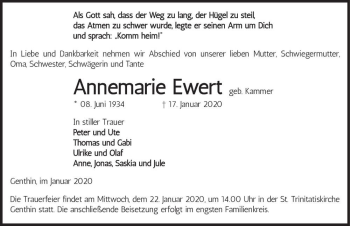 Traueranzeige von Annemarie Ewert (geb. Kammer)  von Magdeburger Volksstimme