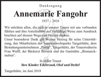 Traueranzeige von Annemarie Fangohr  von Magdeburger Volksstimme