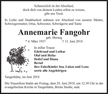 Traueranzeige von Annemarie Fangohr (geb. Herzog)  von Magdeburger Volksstimme