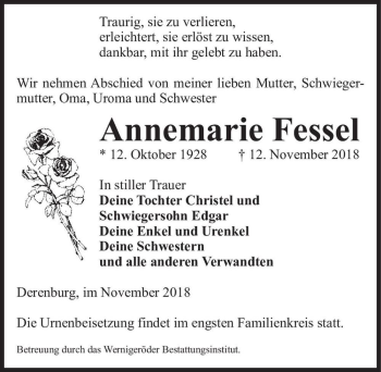 Traueranzeige von Annemarie Fessel  von Magdeburger Volksstimme