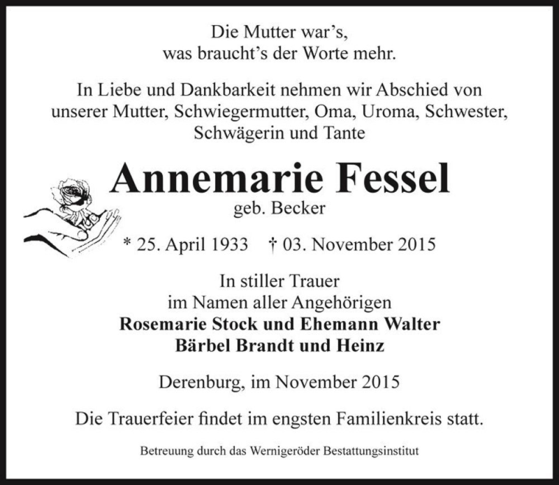  Traueranzeige für Annemarie Fessel (geb. Becker)  vom 07.11.2015 aus Magdeburger Volksstimme